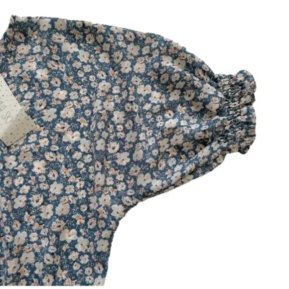 Sienna Sky Top Blouse Short Sleeve Elastic Waist Blue White Floral Top Size XS - Picture 7 of 12